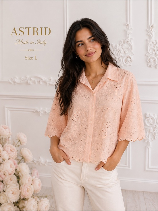 Astr Tops - Astrid Made in Italy Pink Eyelet Embroidered Cotton Blouse Size L Floral